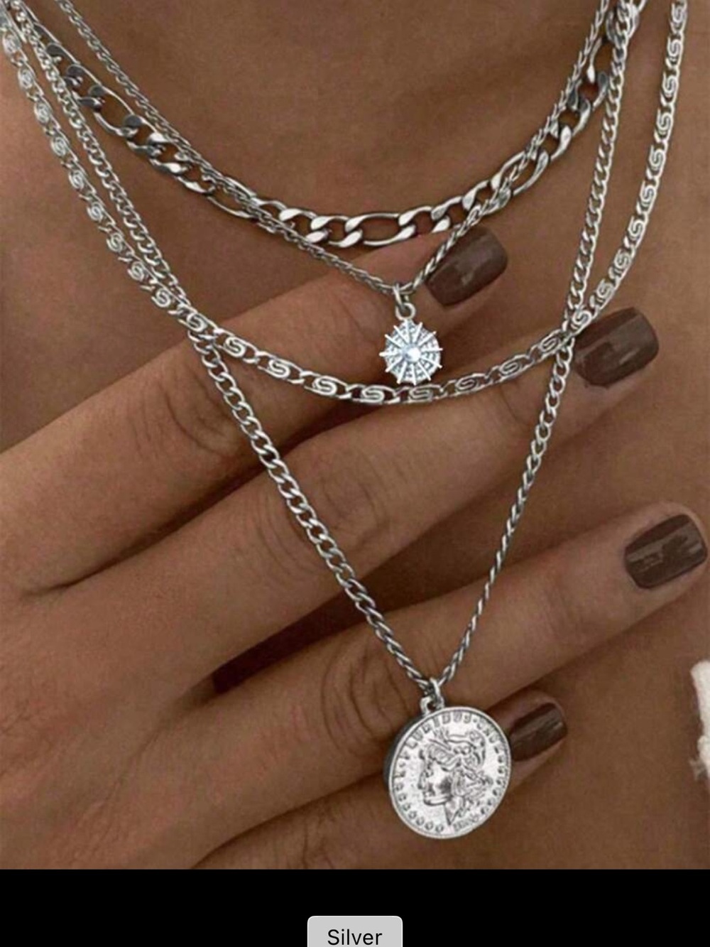 SHEIN Silver Layered Coin & Starburst Charm Necklace Set